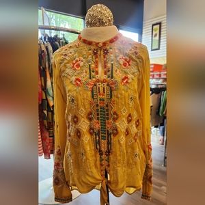 Johnny Was Donya tie front embroidered hi low blouse